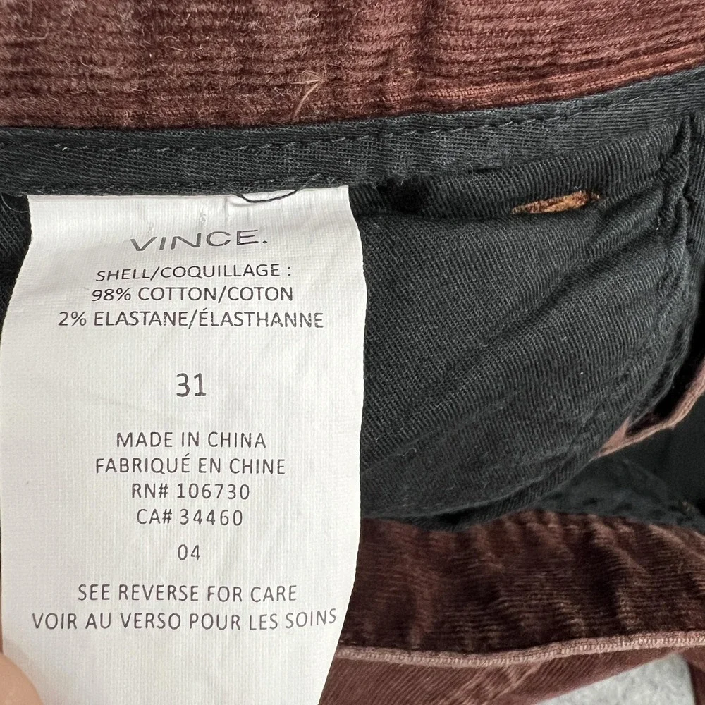 Vince Pants Mens 31‎ Brown Corduroy Chino Stretch 5 Pocket Straight Casual 31x28
